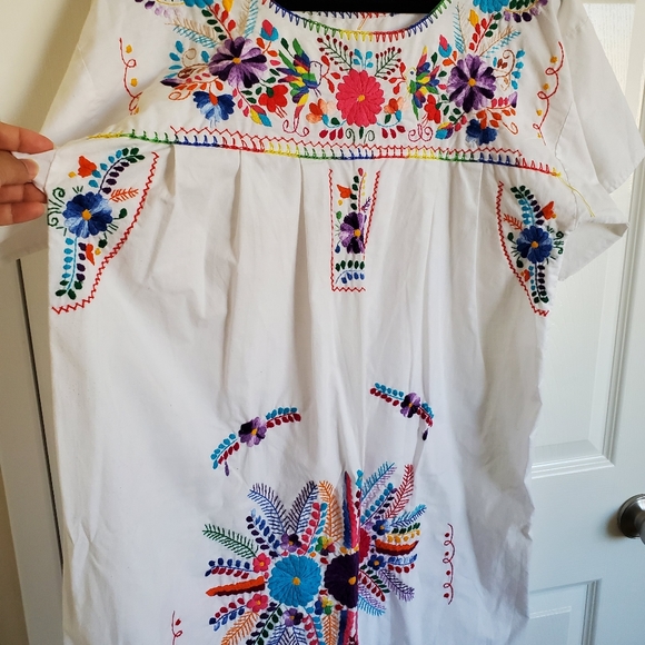 Vintage Mexican Colorful Rainbow Flower Embroider White Cotton Maxi House Dress - Picture 2 of 16